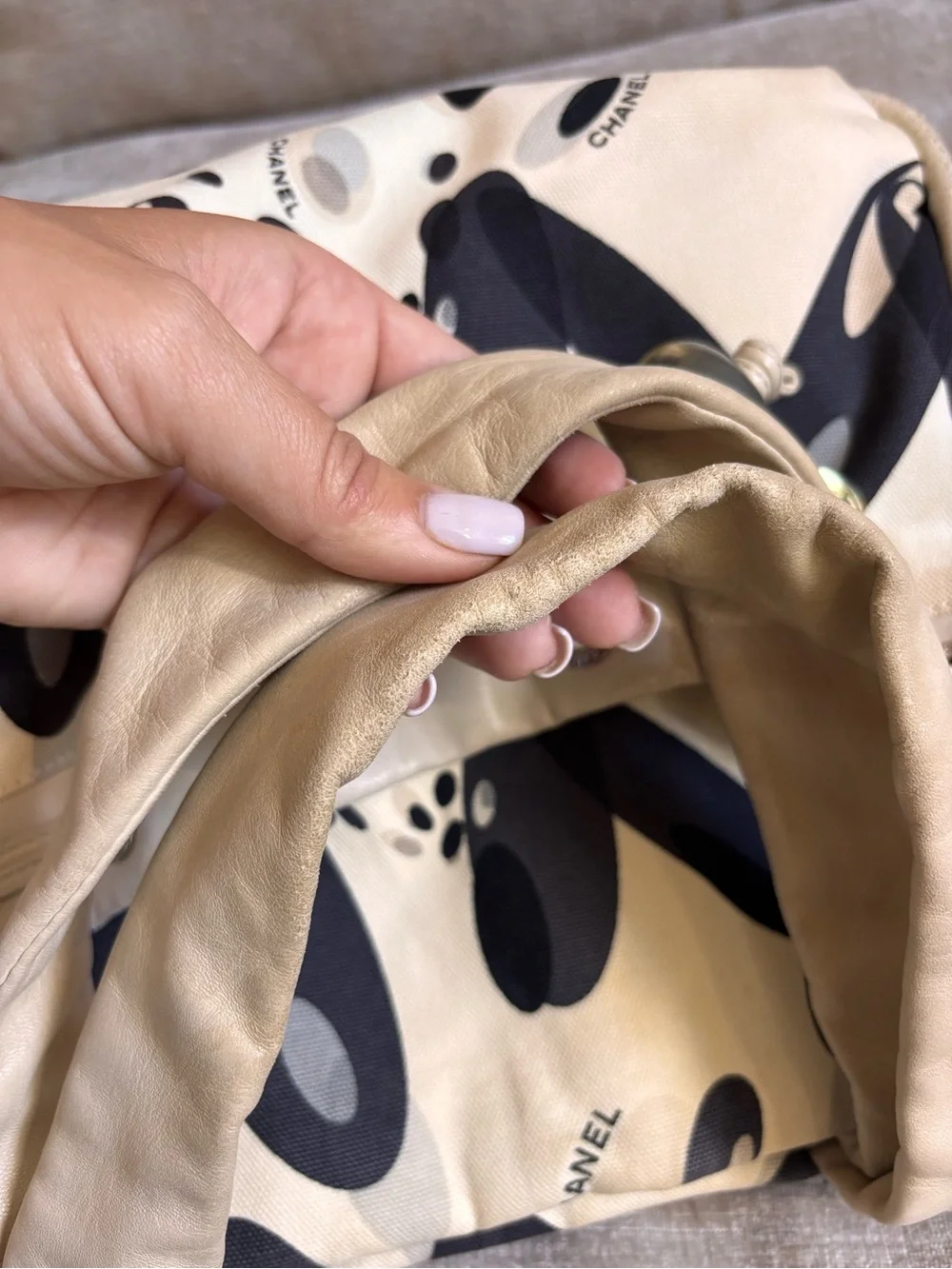 Authentic CHANEL vintage mini beige black Surfline canvas tote